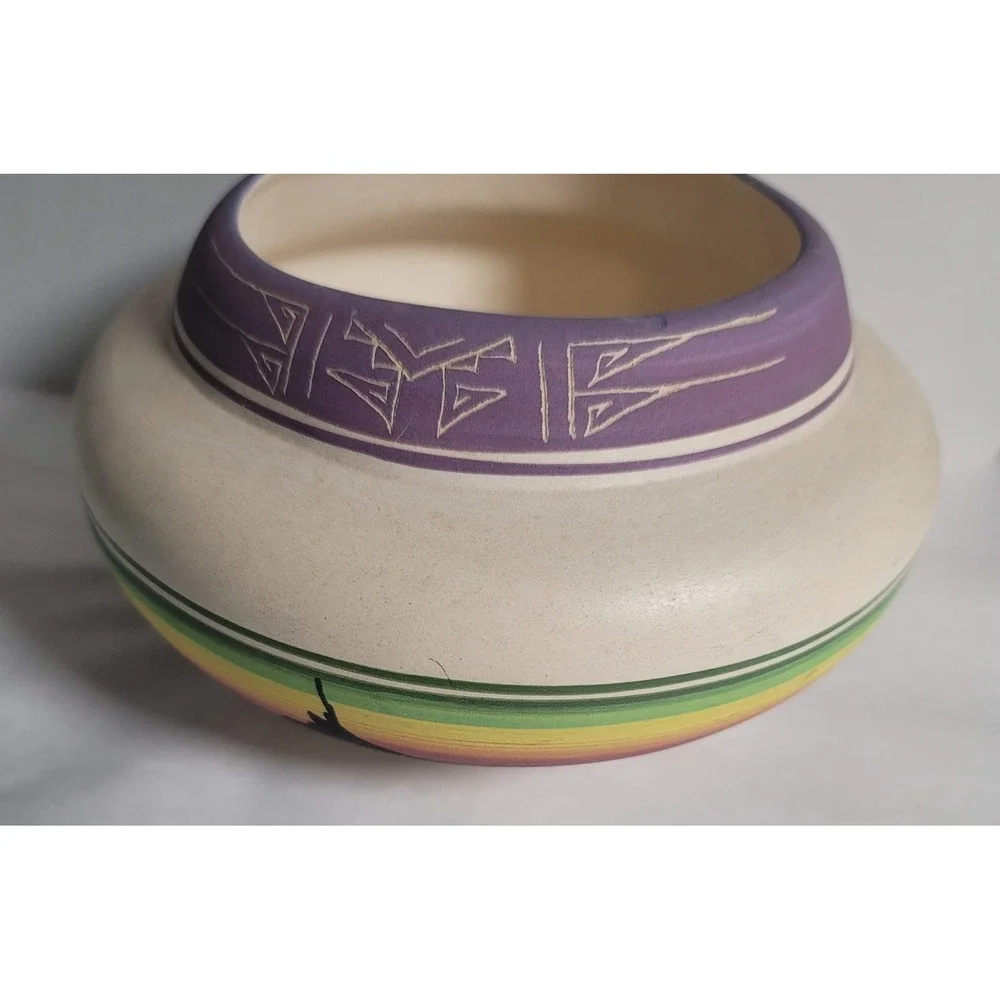 Southwest Native American Ute Pottery Vase Bowl Sunset Desert Scene‎ Signed